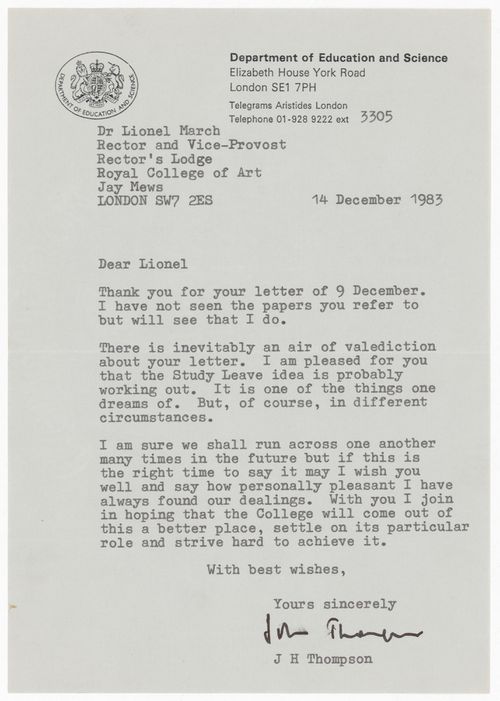 Correspondence from John Thompson to Lionel March regarding resignation from the Royal College of Art, London