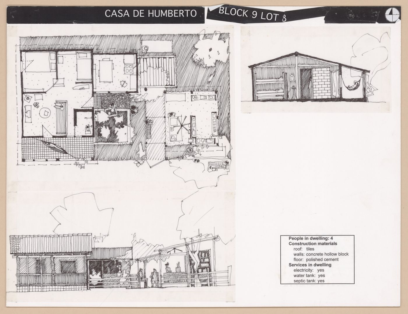 Presentation panel with floor plan, section, and elevation of Casa de Humberto for the Urban Upgrading project La Esperanza, in Zihuatanejo, Mexico