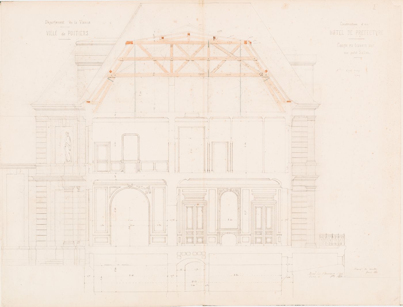 Project for a Hôtel de préfecture, Poitiers: Cross section through "un petit salon" for the Hôtel du Préfet showing the roof trusses