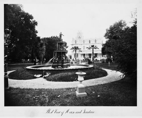 View of the fountain and house from west, Thurlow Lodge, Menlo Park, California