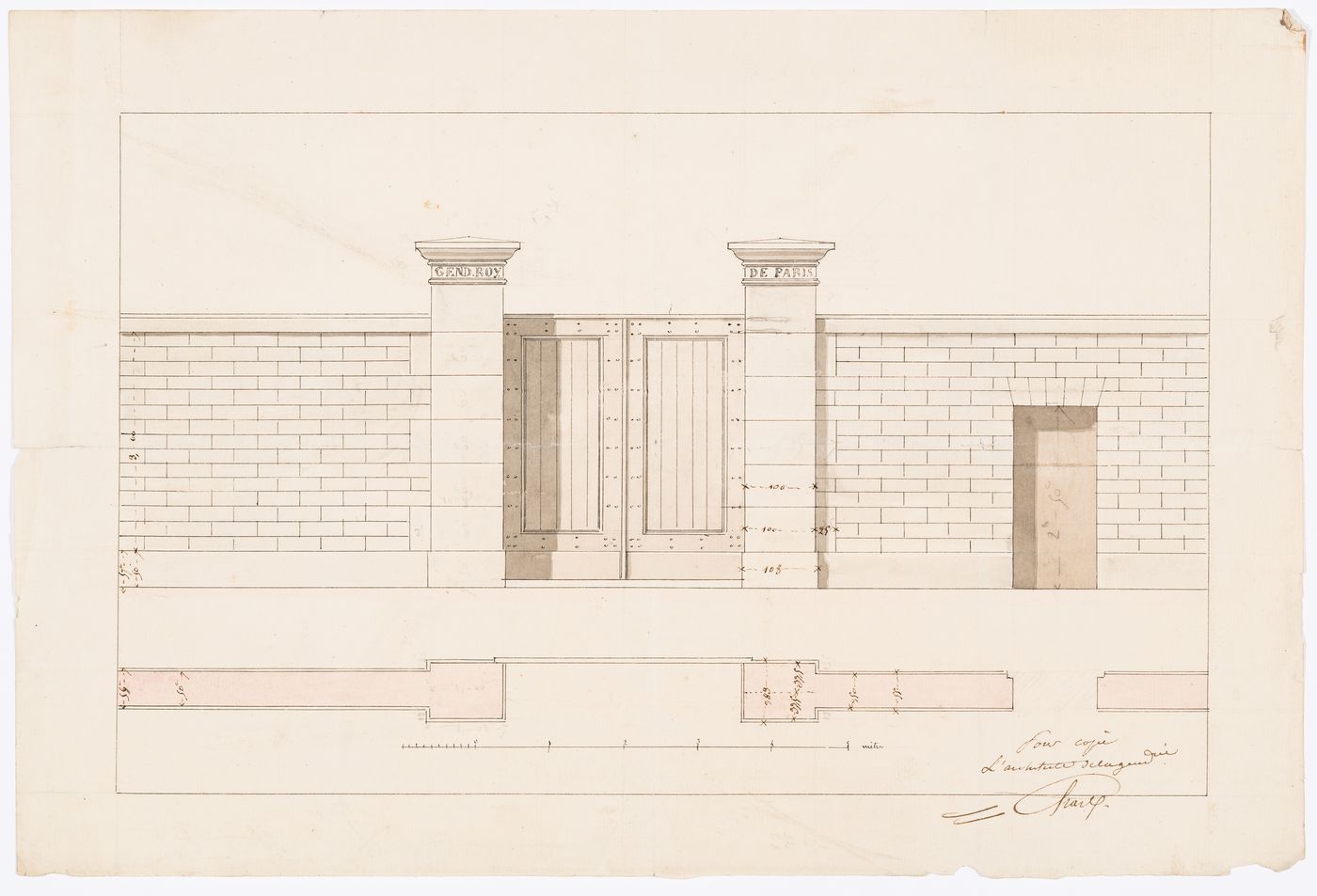 Project for alterations to the Caserne des Minimes, rue des Minimes: Elevation and plan for an entrance gateway