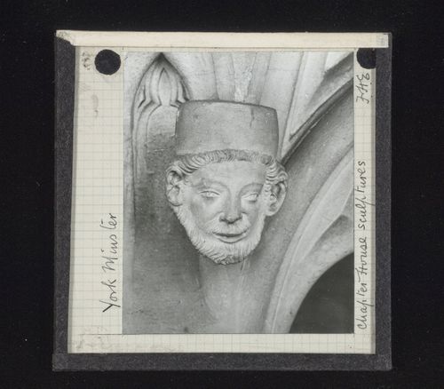 View of sculpture of head in Chapter House of York Minster, York, North Yorkshire, England