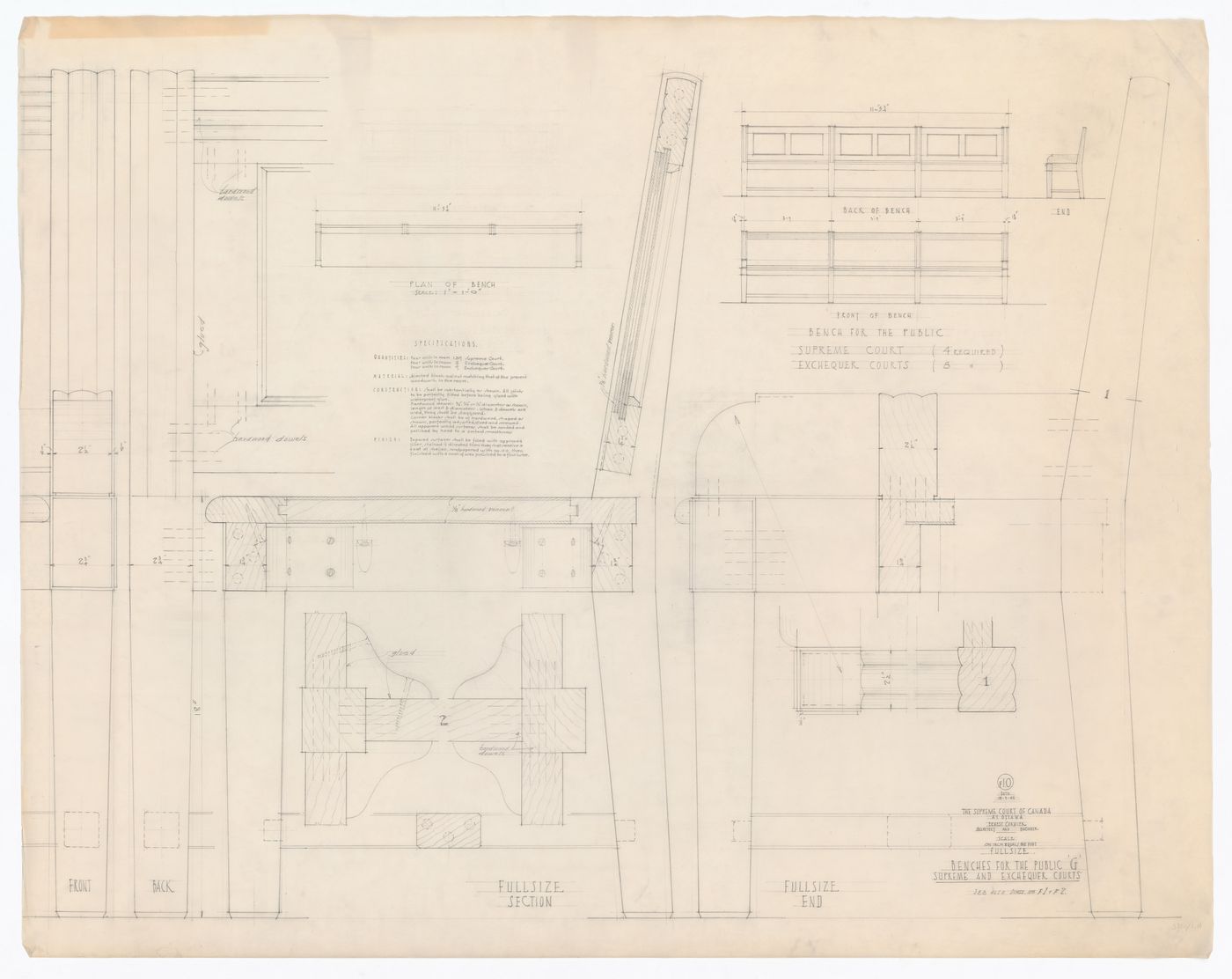Plan, élévations, coupes et détails des bancs pour le public "G" pour Cour suprême du Canada, Ottawa, Ontario