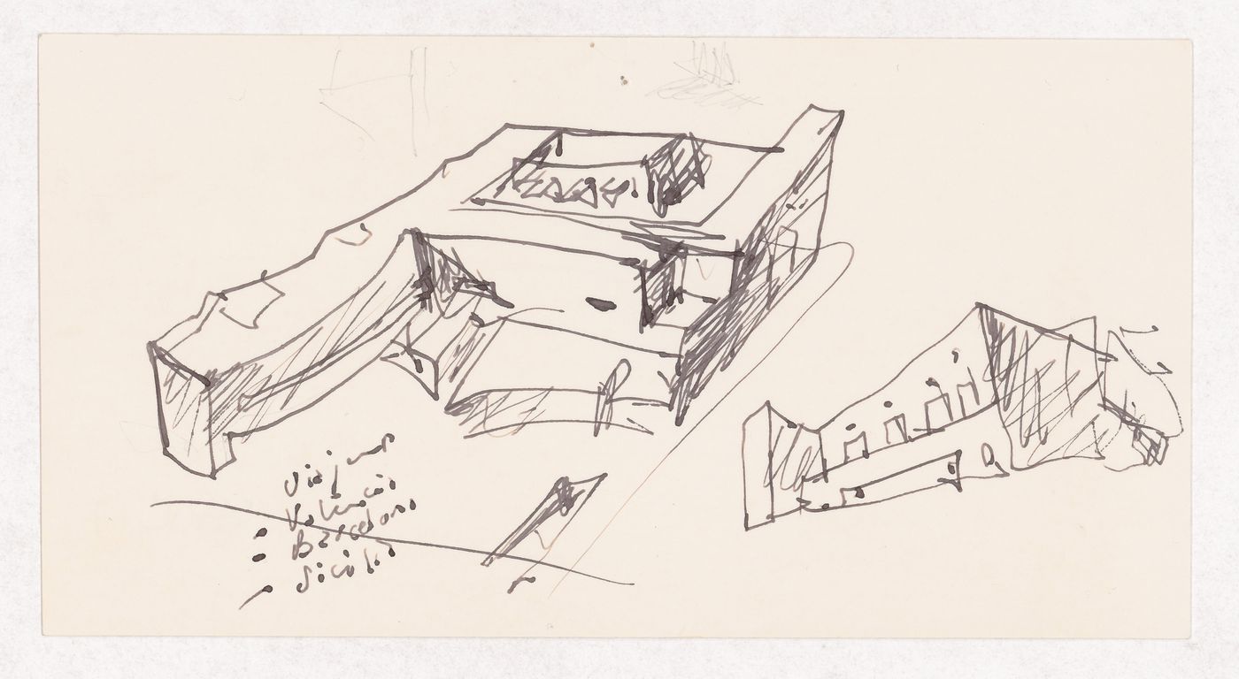 Sketch axonometric view and perspective for Edifício da Reitoria e Biblioteca Jurídica - Proj. I, Valencia, Spain