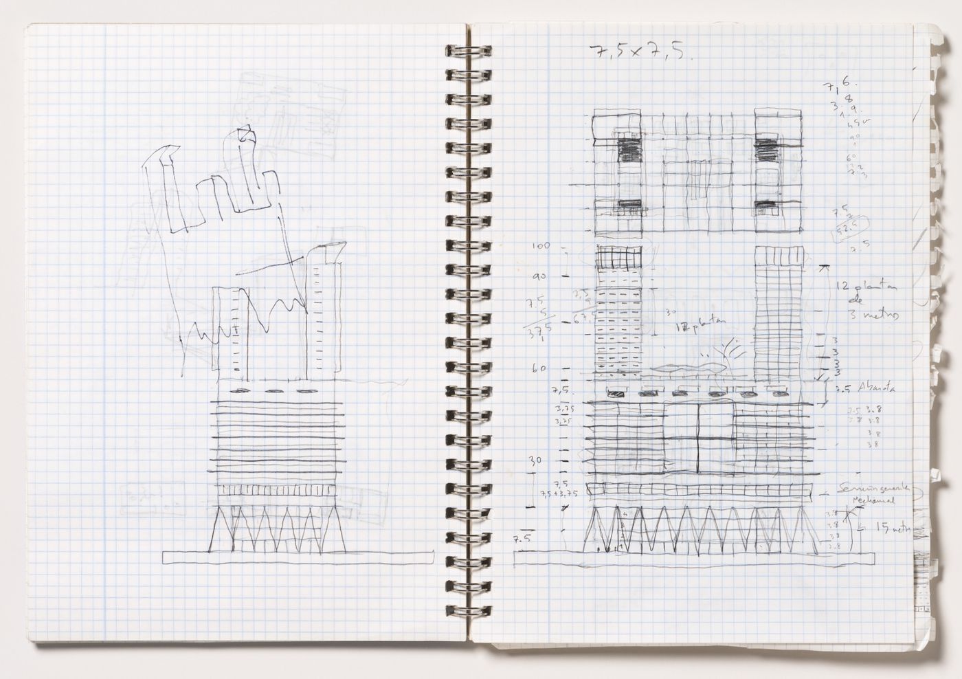 View of a sketchbook showing iterations of double tower, Puerto Málaga, Spain
