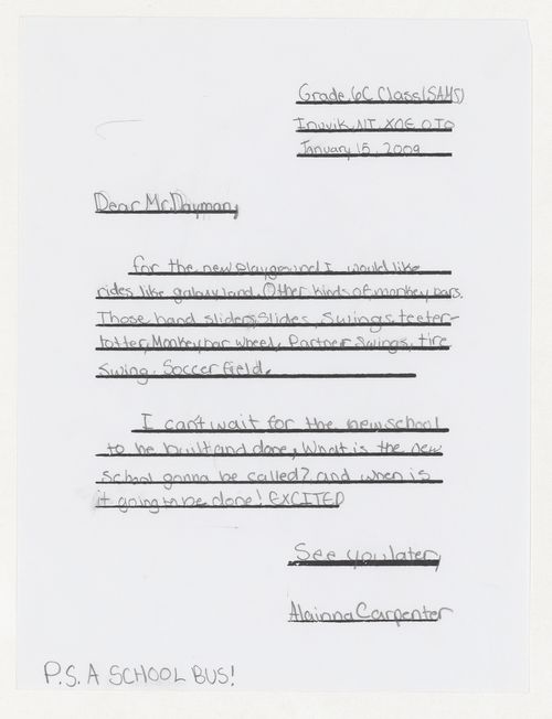 Letter from student for Inuvik School, Inuvik, Northwest Territories
