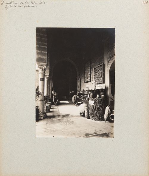 View of exhibition in pavilion of agriculture and commerce, Tunisian section, Exposition universelle, 1900, Paris, France