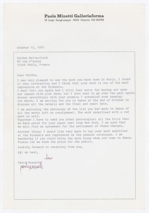 Letter from Gordon Matta-Clark to Paolo Minetti