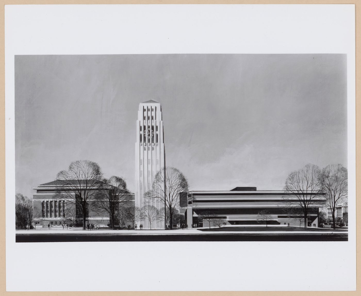 Photograph of a perspective drawing for the Hill Auditorium, the Charles Baird Carillon Tower (also known as the Burton Memorial Tower), and the Modern Languages Building, University of Michigan, Ann Arbor, Michigan