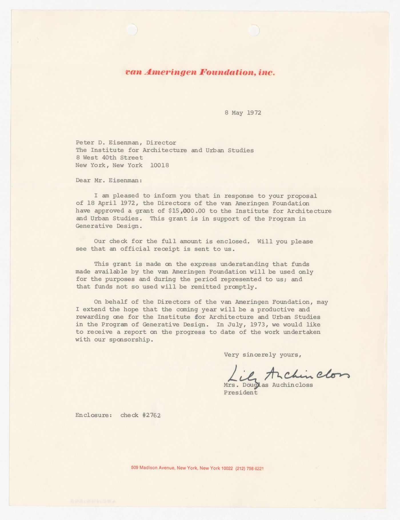 Letter from Mrs. Douglas Auchincloss to Peter D. Eisenman about grant awarded by the van Ameringen Foundation