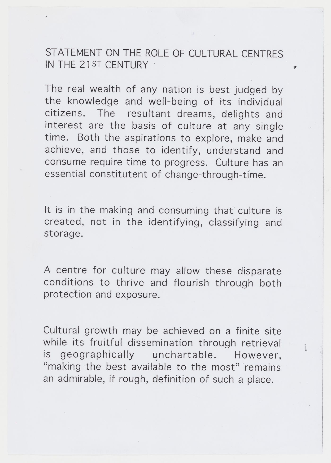 Text entitled "Statement on the role of cultural centres in the 21st Century" (first of two sheets) - from the project file "IFPRI"