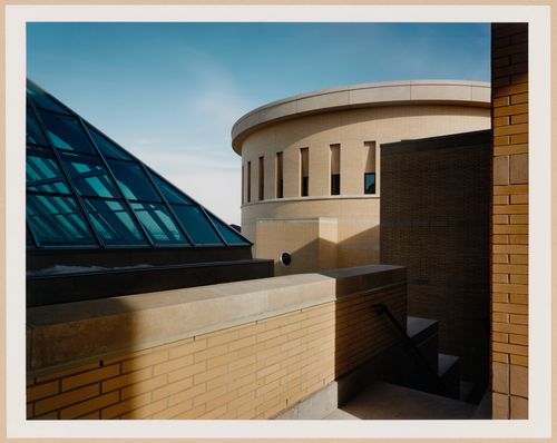 View of the roof deck looking east to the Council Chamber, Mississauga Civic Centre, Mississauga, Ontario