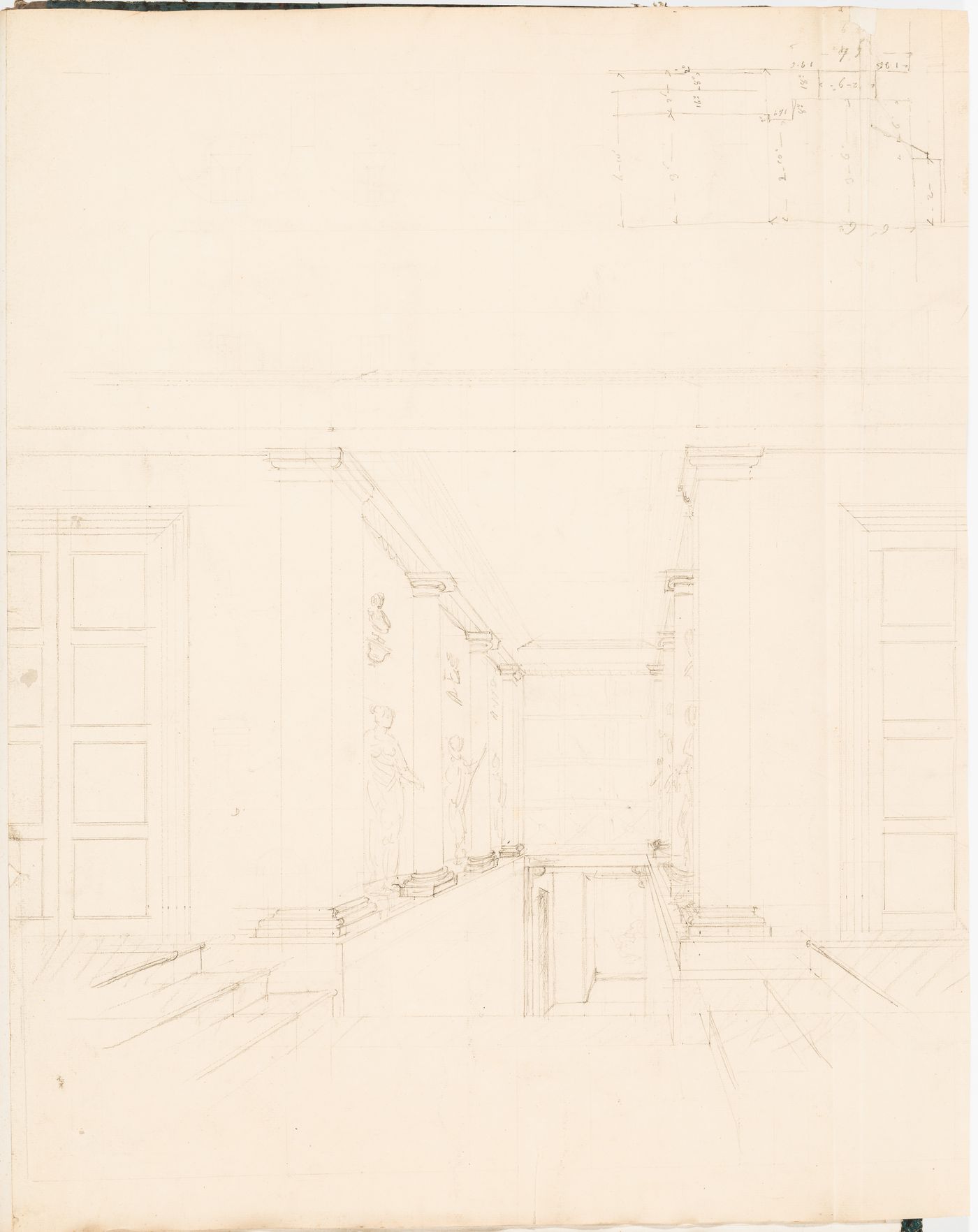 Rohault de Fleury House, 12-14 rue d'Aguesseau, Paris: Interior perspective showing the main staircase from the ground floor with partial plan; verso: Foundation plan for an unidentified building