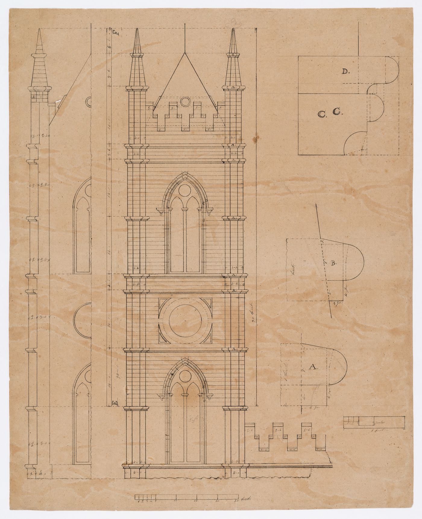 Elevations for a tower and sections for decorative masonry details for Notre-Dame de Montréal