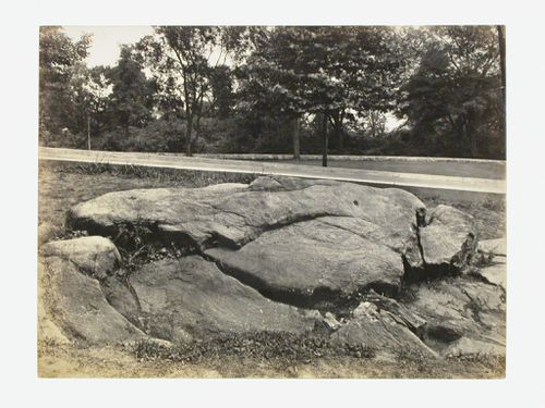 Close-up view of rock possibly meant to become a section of a clubhouse fireplace, Longue Vue Golf Course, New York [?], United States