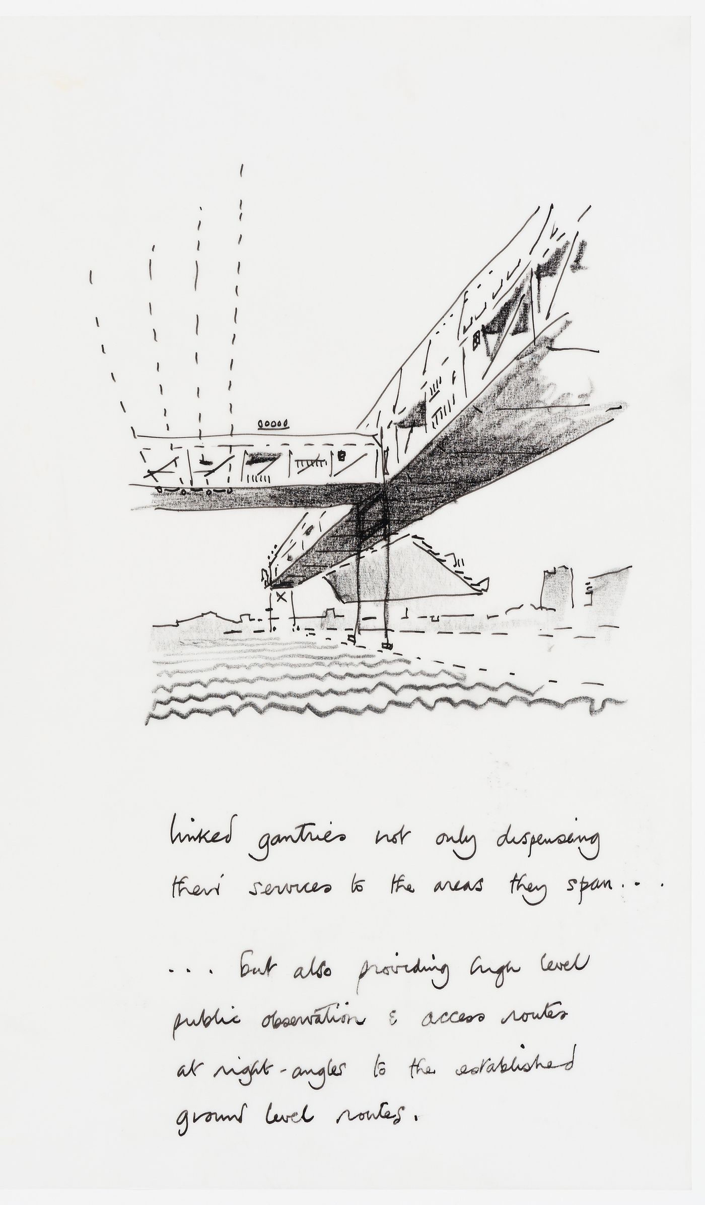 Concours international, Parc de la Villette, Paris: entry by Cedric Price: text with sketch of linked gantries