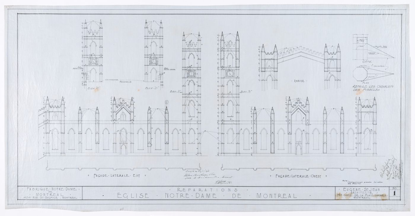 Plans, lateral elevations and details of Notre-Dame de Montréal, apparently for the renovations of 1929-1949