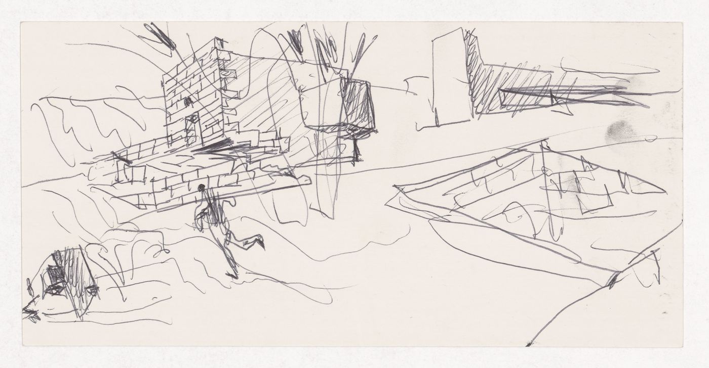 Sketch perspectives and axonometric view for Casa Ana Costa, Quinta de S. Ovídio, Lousada, Portugal; verso: unrelated document