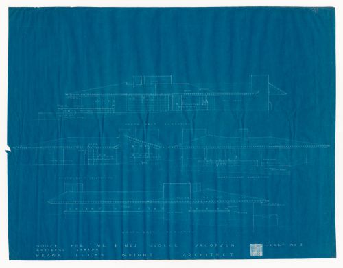 Southwest, southeast, northwest and northeast elevations for the 1950 design for the Mr. & Mrs. George Jacobsen House, Hudson, Québec