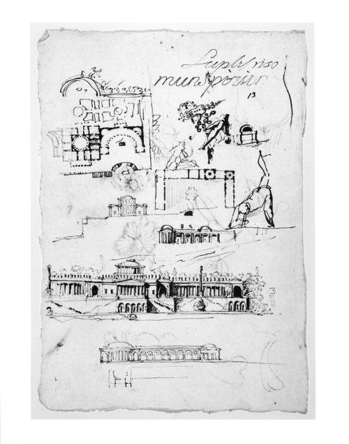 Architectural fantasy sketches of a neo-classical colonnade