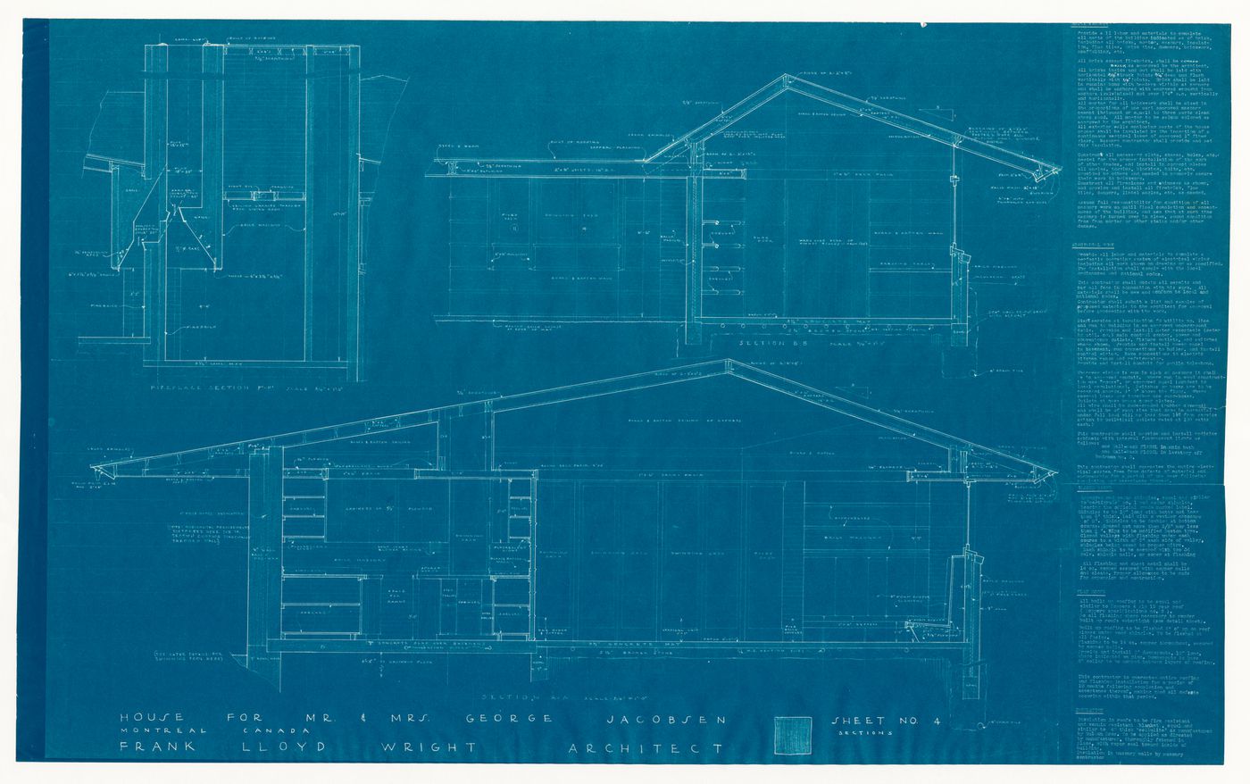 Section and cross sections with specifications for the 1950 design for the Mr. & Mrs. George Jacobsen House, Hudson, Québec