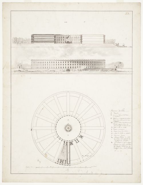 Project for the Hôtel-Dieu on l'île des Cygnes (plan, elevation, and section)