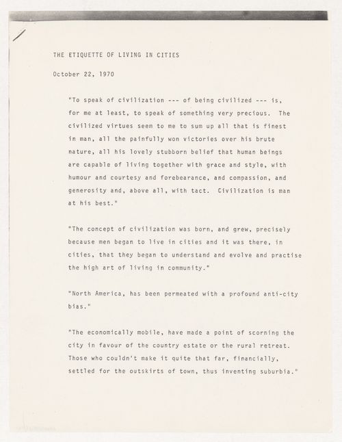 "The Etiquette of Living in Cities" quotations from Parkin speech