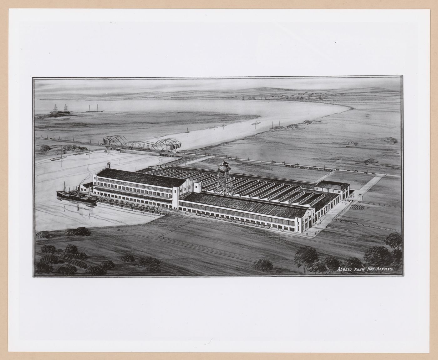 Photograph of a bird's-eye perspective drawing for the Assembly Building, Ford Motor Company Automobile Assembly Plant, Long Beach, California