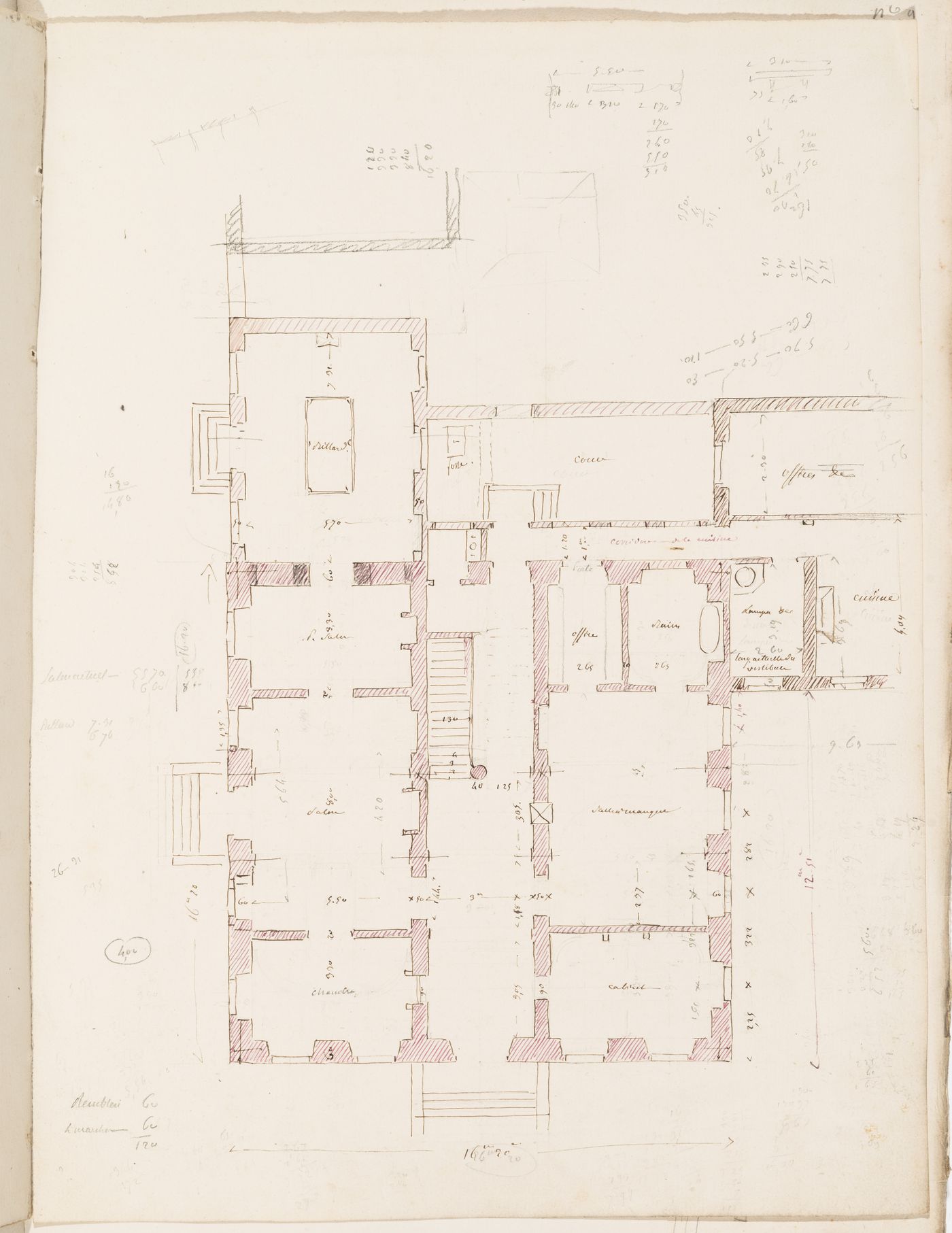 Project no. 8 for a country house for comte Treilhard: Ground floor plan; verso: Project no. 8 for a country house for M. de Treilhard: Sketch elevation and plans