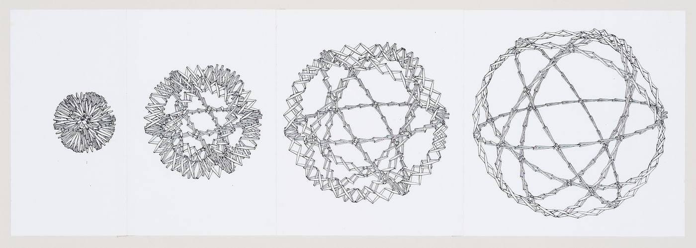 Drawing of Hoberman Sphere in progressive stages of expansion