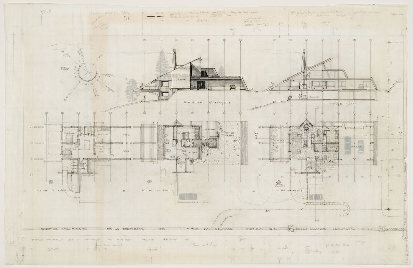 Plan du premier étage et élévation principale de la résidence pour M. et Mme Paul Gélinas, Bromont, Québec