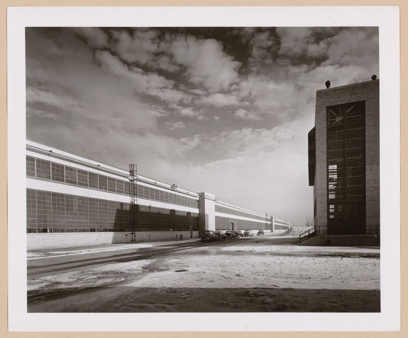 View of the south façade of the Assembly Building with the Boiler House on the right, Ford Motor Company Lincoln-Mercury division Automobile Assembly Plant, Saint Louis, Missouri