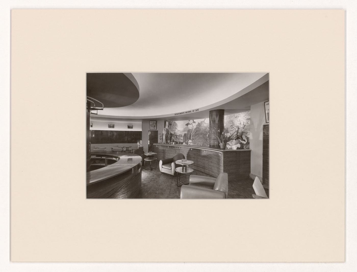 View of presentation counter in Cafés du Brésil, tour de l'Alimentation, Exposition internationale des arts et techniques dans la vie moderne, Paris, France
