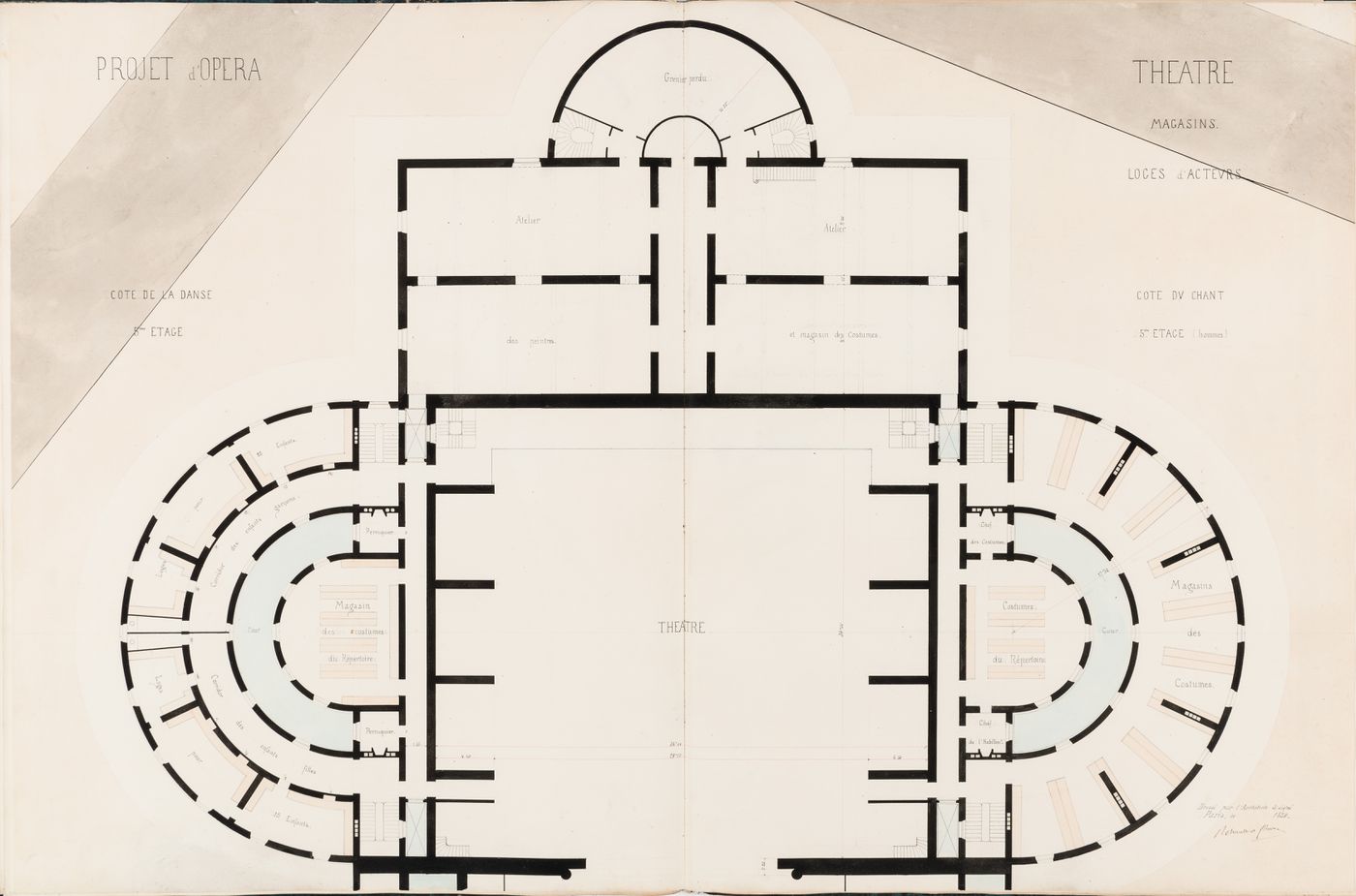 Project for an opera house for the Théâtre impérial de l'opéra: Plan for the "5e étage" showing the painters' workshop, storerooms, "cote de la danse", and the "cote du chant", including the actors' dressing rooms