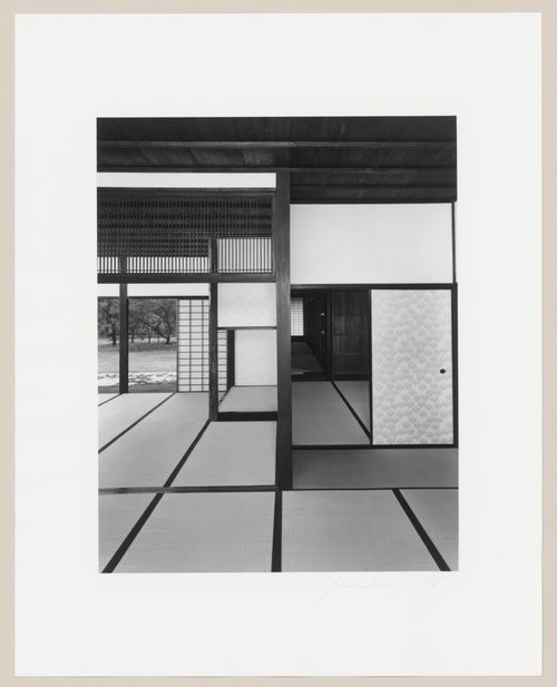 Interior view of the Old Shoin showing the First Room, Hearth Room and Second Room, with the moss garden and Veranda with tatami (also known as the Enclosed Veranda) in the background, Katsura Rikyu (also known as Katsura Imperial Villa), Kyoto, Japan