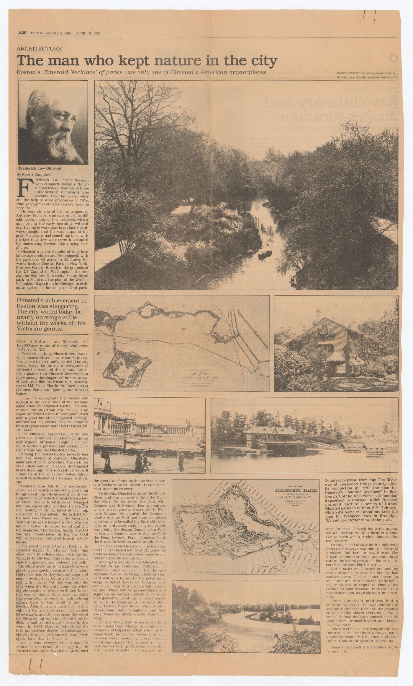 Newspaper clipping on Olmsted in the Boston Sunday Globe for the exhibition Olmsted: L'origine del parco urbano e del parco naturale contemporaneo