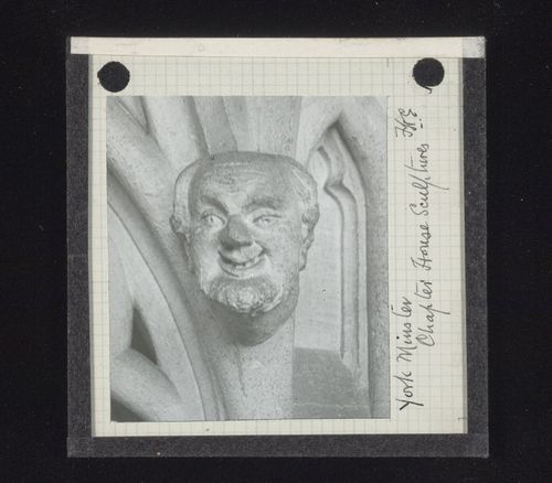 View of sculpture of man's head in Chapter House of York Minster, York, North Yorkshire, England
