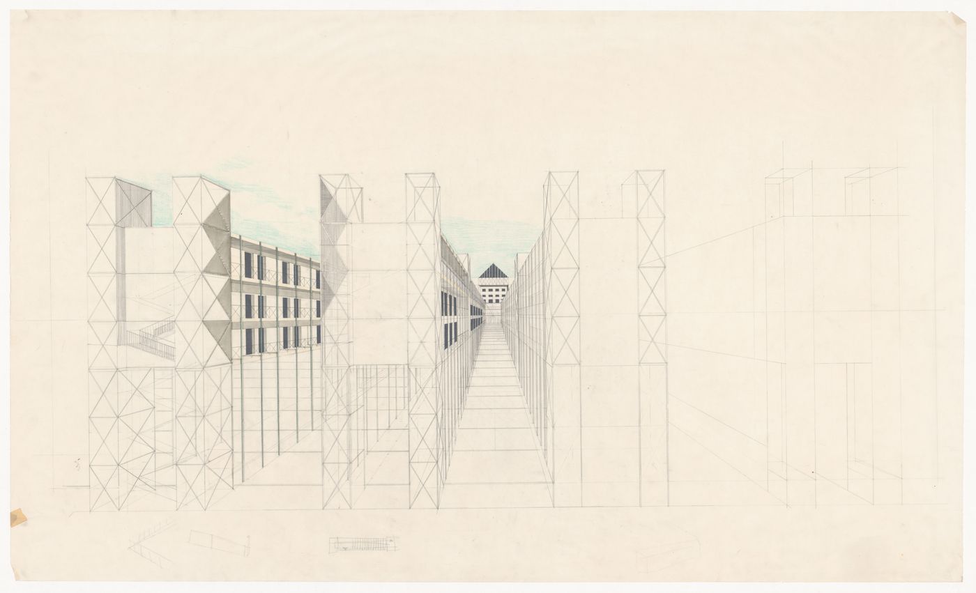 Perspective with sketches for Casa dello studente, Trieste, Italy