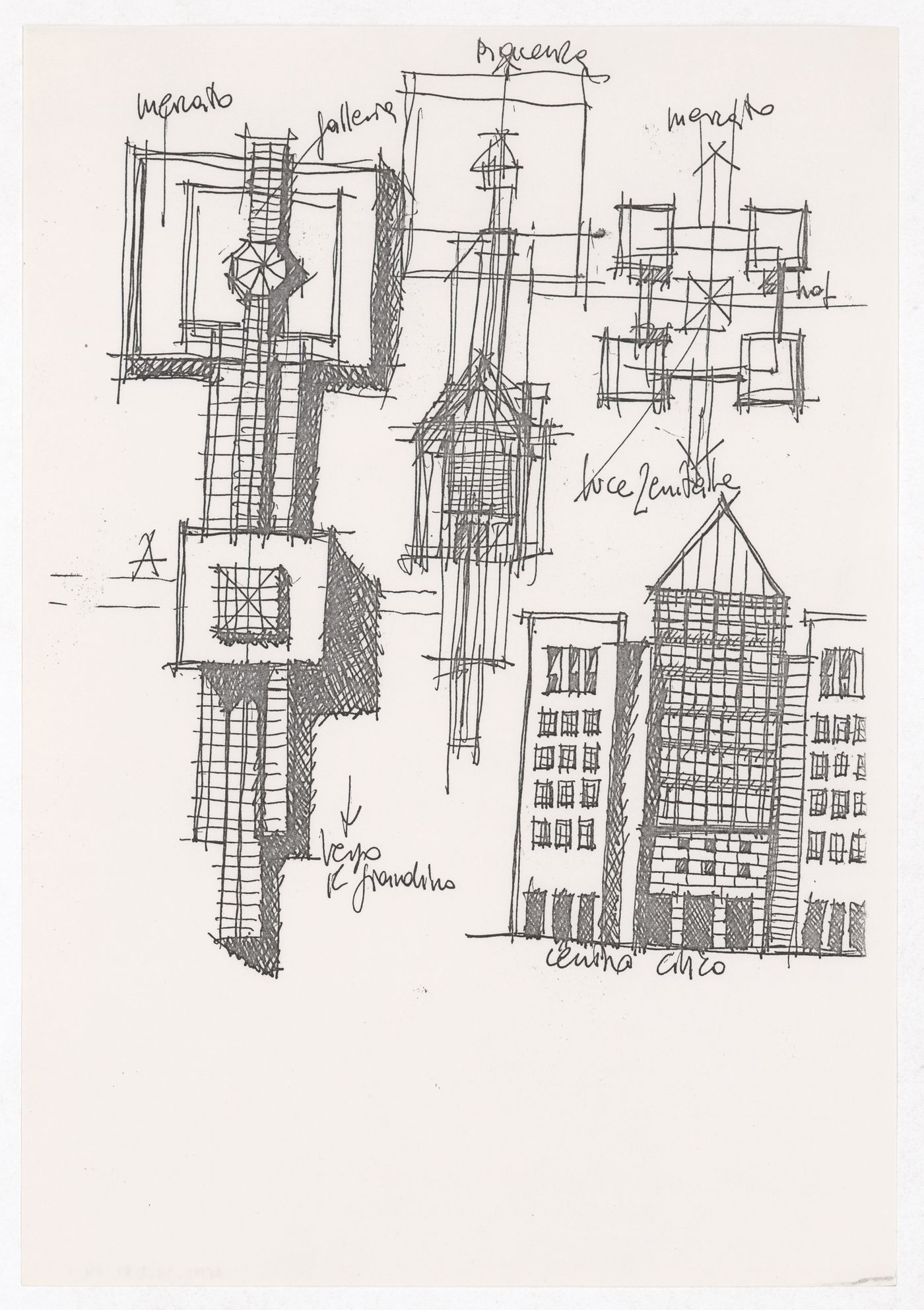 Sketches for Centro Civico Commerciale PEEP a Farnesiana di Piacenza