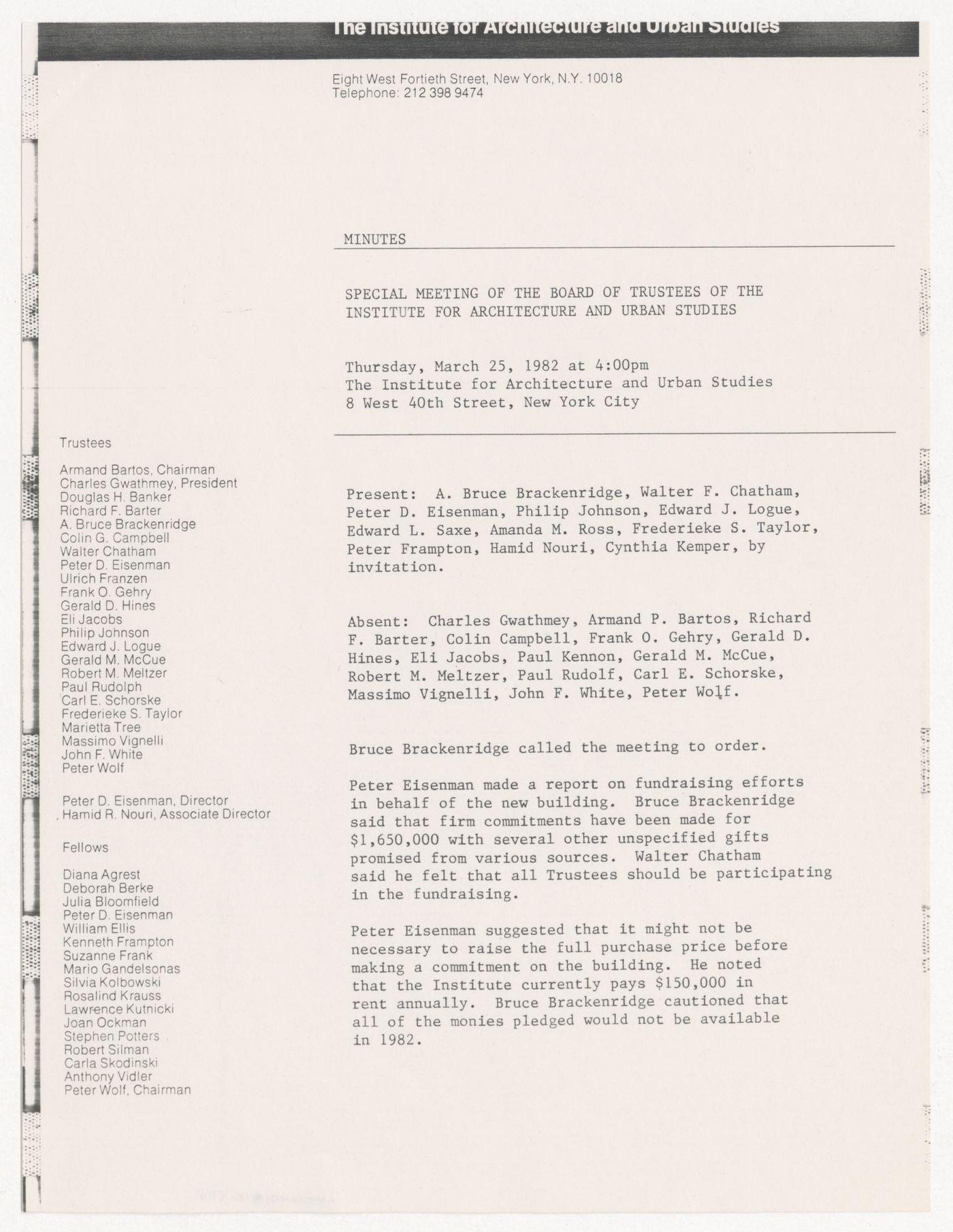 Memorandum from Cynthia Warrick Kemper to IAUS Trustees with attached minutes of meeting of the Board of Trustees and list of potential donors