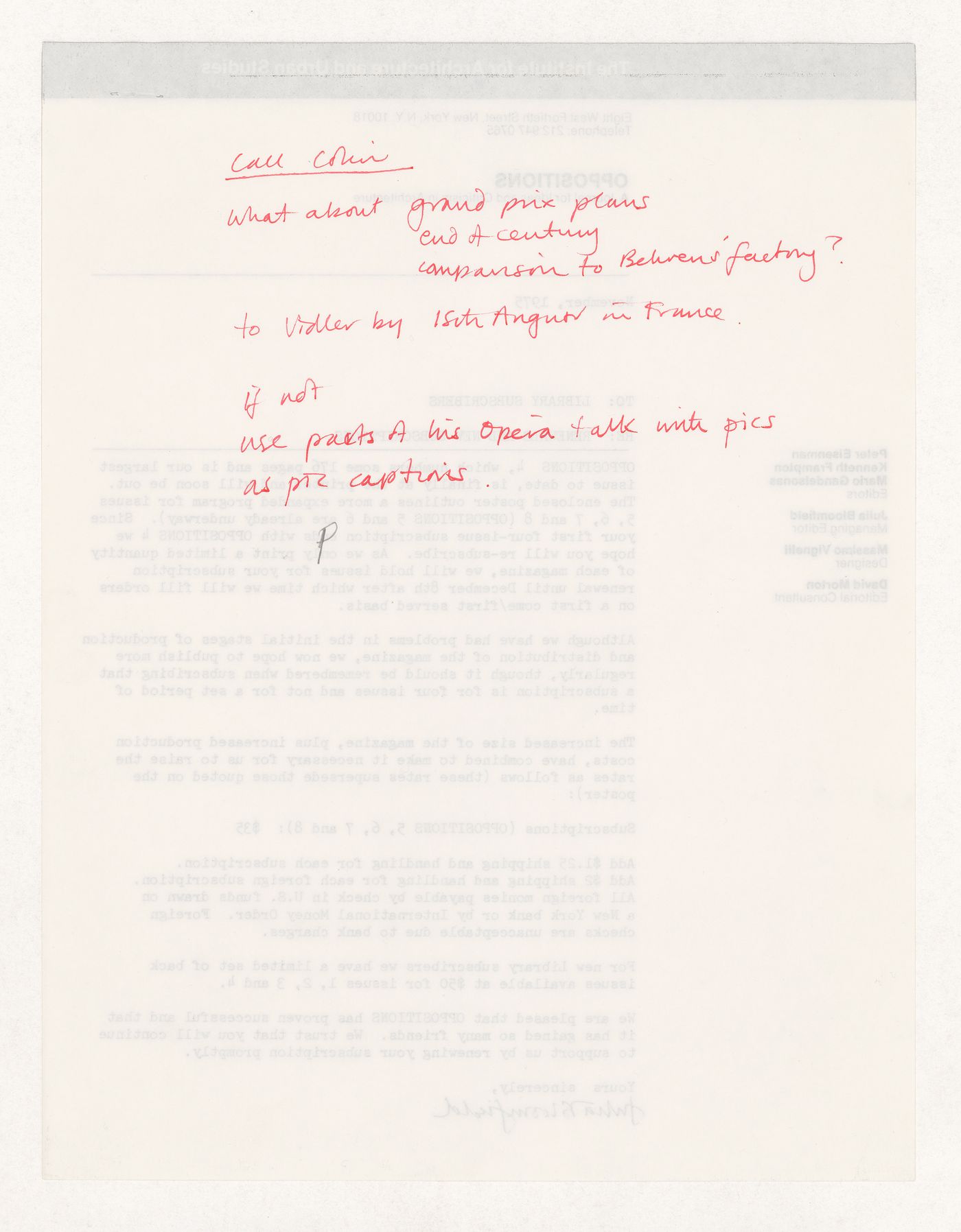 Note by Peter Eisenman