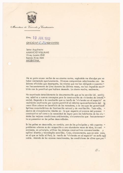 Correspondence, letter to Amancio Williams from Luis Dorich T. for the project La ciudad que necesita la humanidad