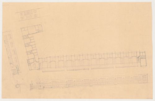 Plan and principal, lateral and rear elevations for industrial row houses, Hoek van Holland, Netherlands