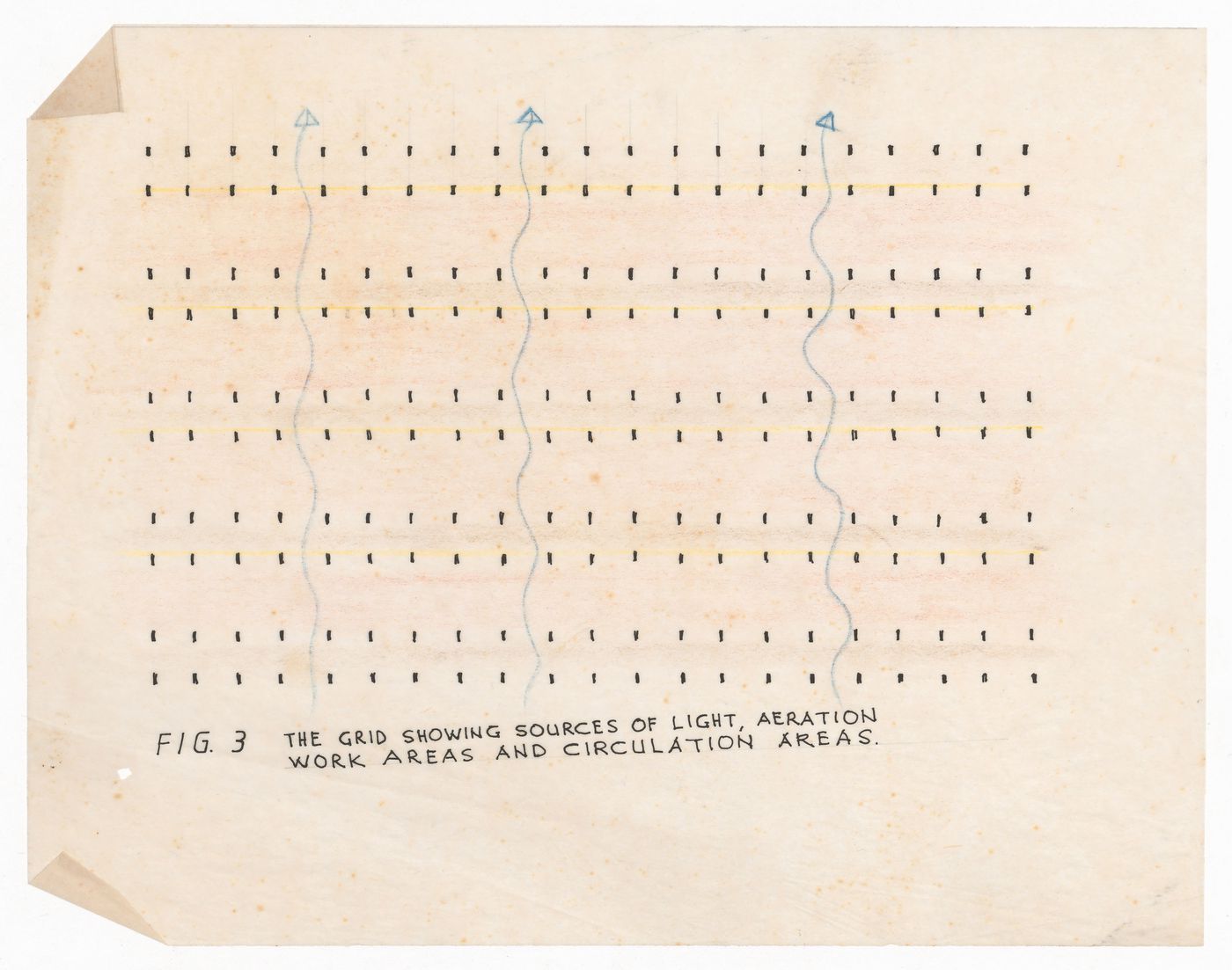 Grid sketch showing sources of light and aeration in work and circulation areas of School of Art, Chandigarh