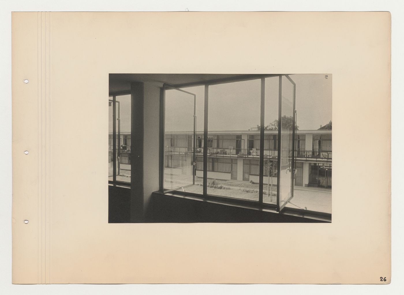 View of the north wing of the Budge Foundation Old People's Home through an open window, Frankfurt am Main, Germany