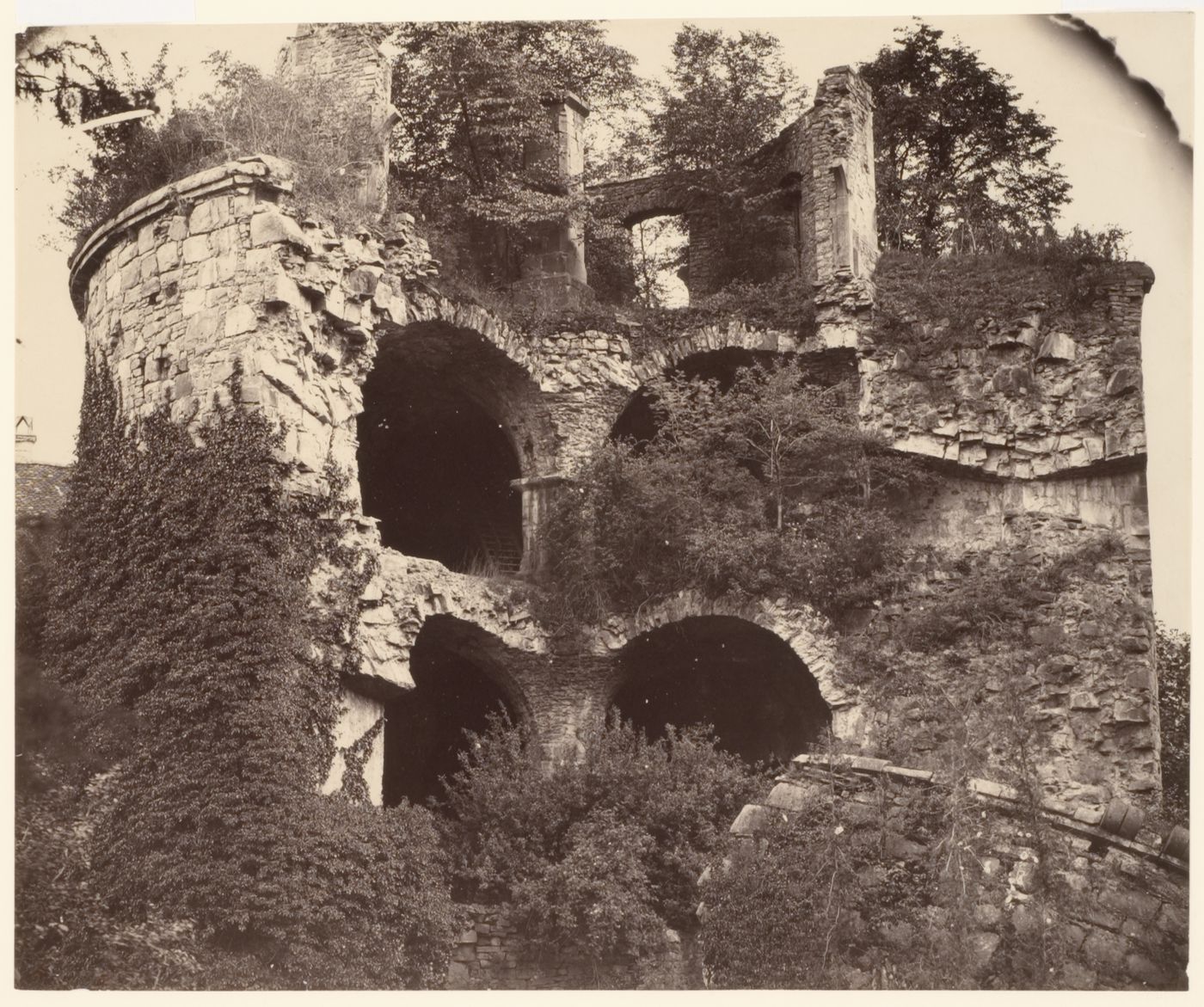View of upper section of remains of a tower covered with vegetation, Heidelberg Castle, Heidelberg, Germany