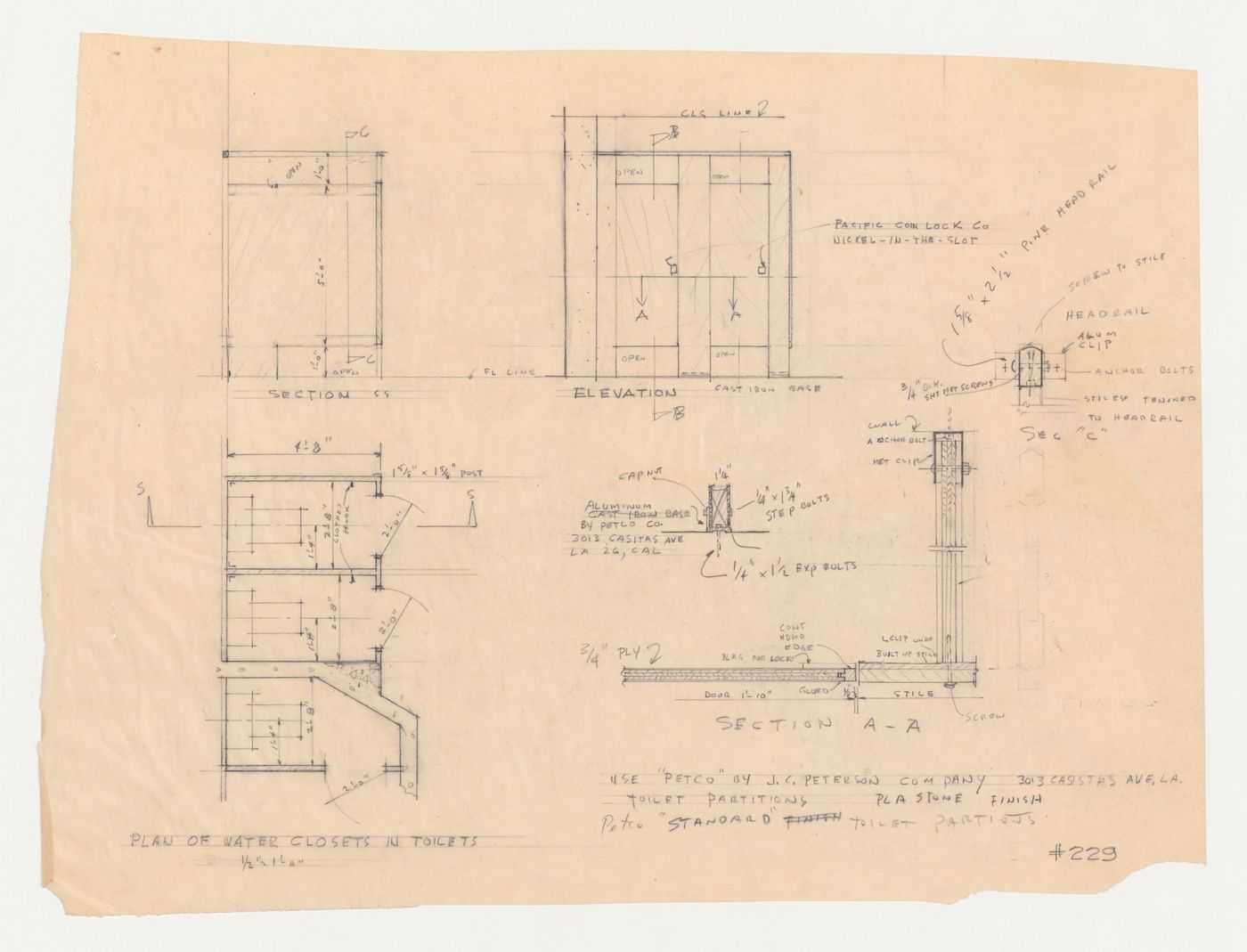 Wayfarers' Chapel, Palos Verdes, California: Plan, sections, elevation and details for toilet cubicles, possibly for the vestry