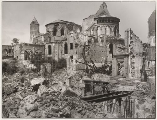 View of destruction to church and buildings, Cologne, Germany
