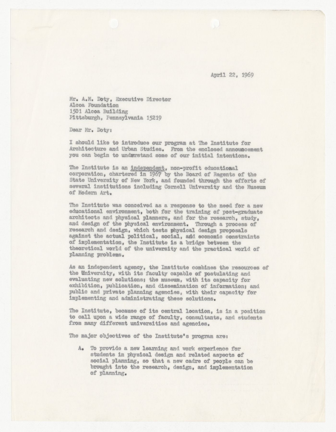 Letter from Peter D. Eisenman to Arthur M. Doty requesting a donation including a brief overview of IAUS history and projects