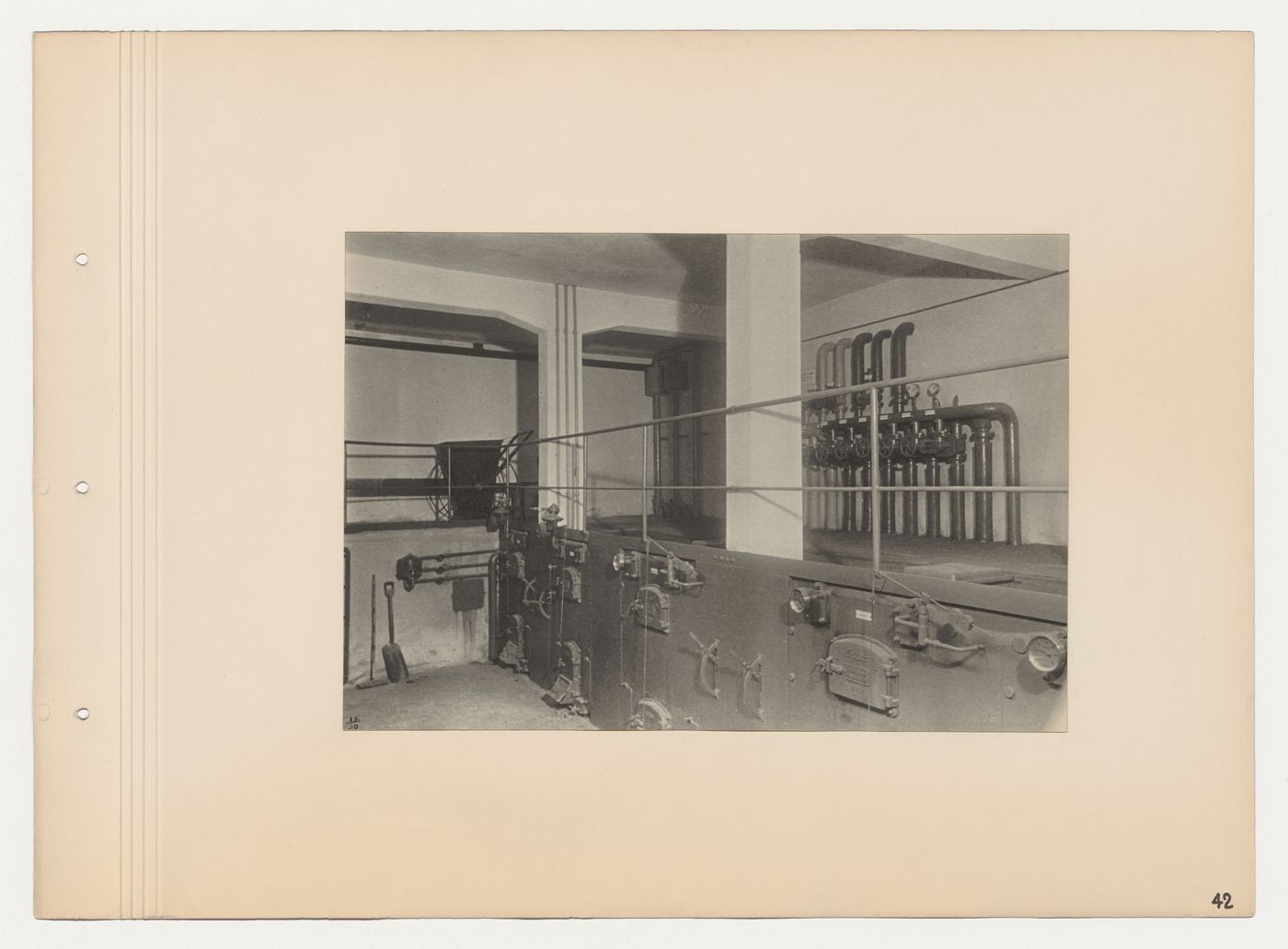 Interior view of the utility room showing the furnace, pipes and valves, Budge Foundation Old People's Home, Frankfurt am Main, Germany